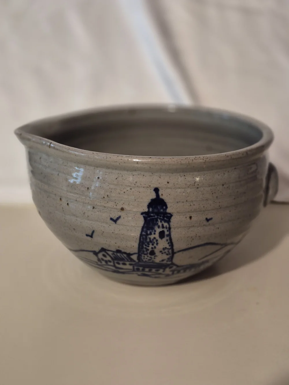 Great Bay Pottery Handcrafted Gray Stoneware Mixing Bowl Blue Lighthouse Design